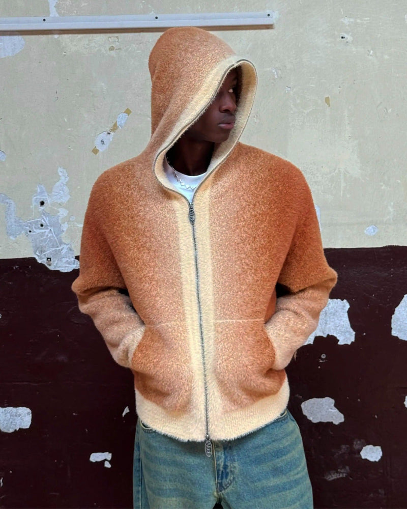 Gradient Knit Zip-Up Hoodie Brown
