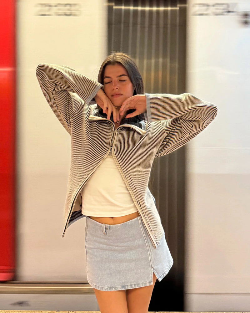 Classy Knit Zip-Up Cardigan Blue