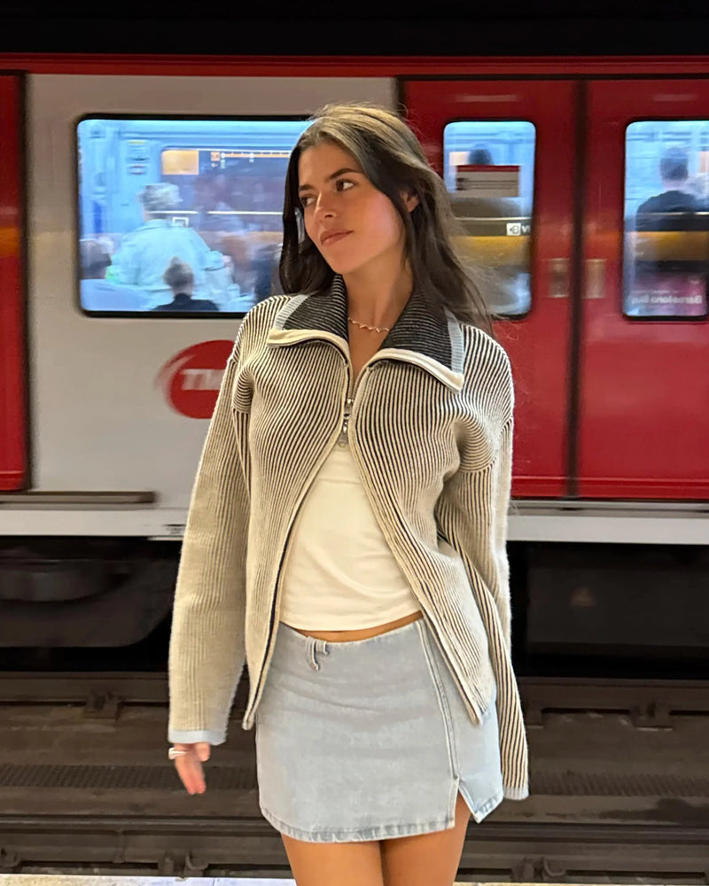 Classy Knit Zip-Up Cardigan Blue