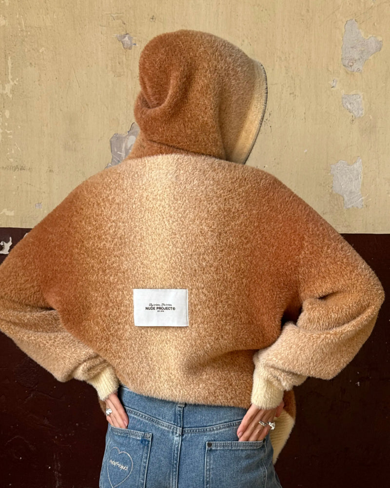 Gradient Knit Zip-Up Hoodie Brown
