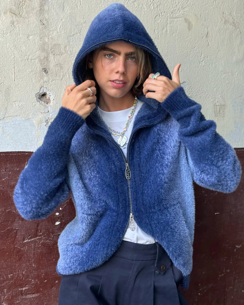 Gradient Knit Zip-Up Hoodie Blue