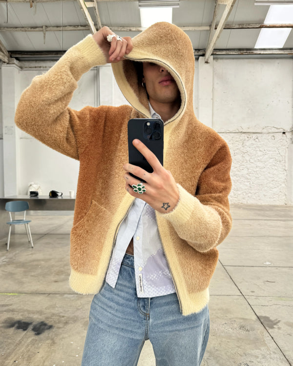 Gradient Knit Zip-Up Hoodie Brown