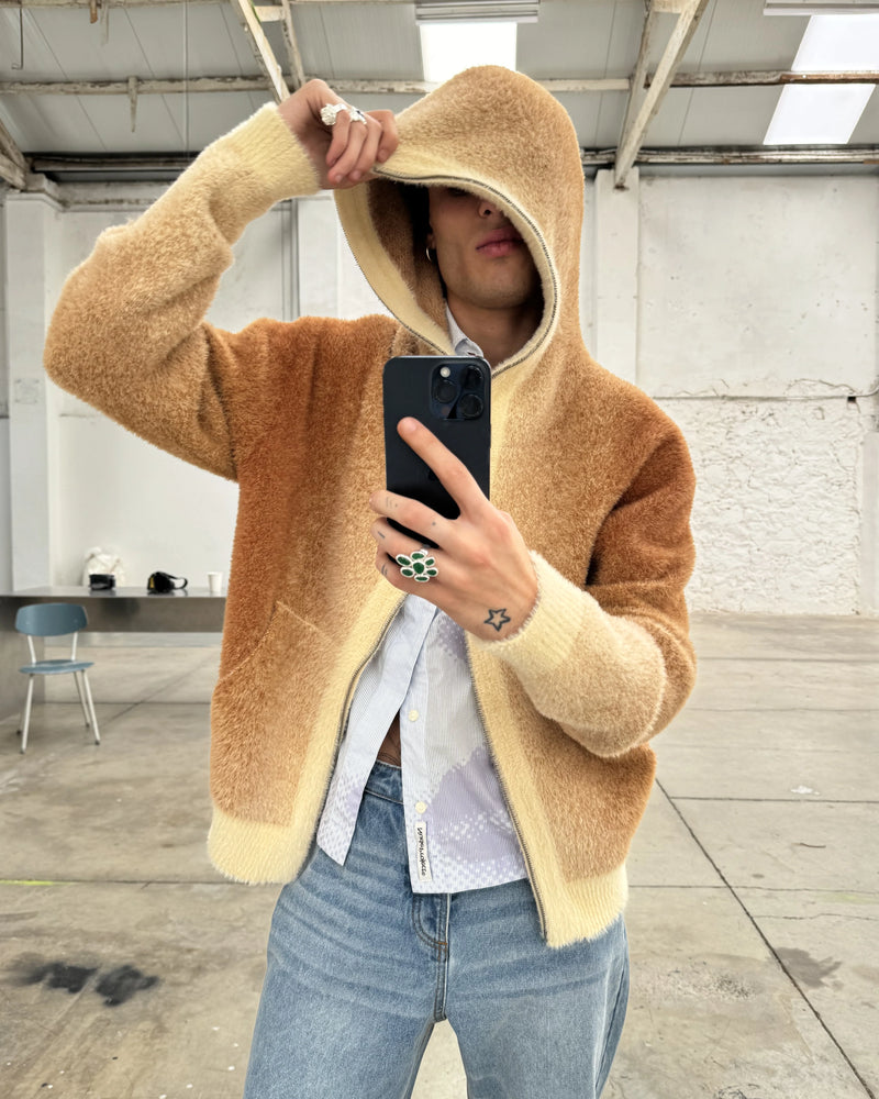 Gradient Knit Zip-Up Hoodie Brown