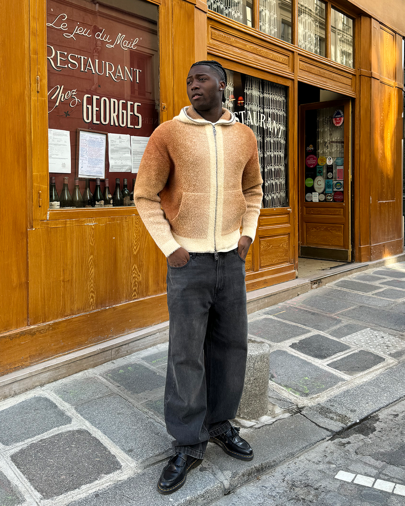 Gradient Knit Zip-Up Hoodie Brown