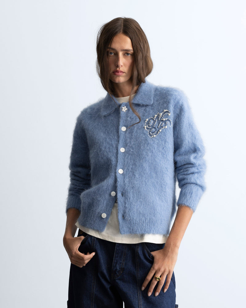 Alpaca Button Up Knit Cardigan Blue