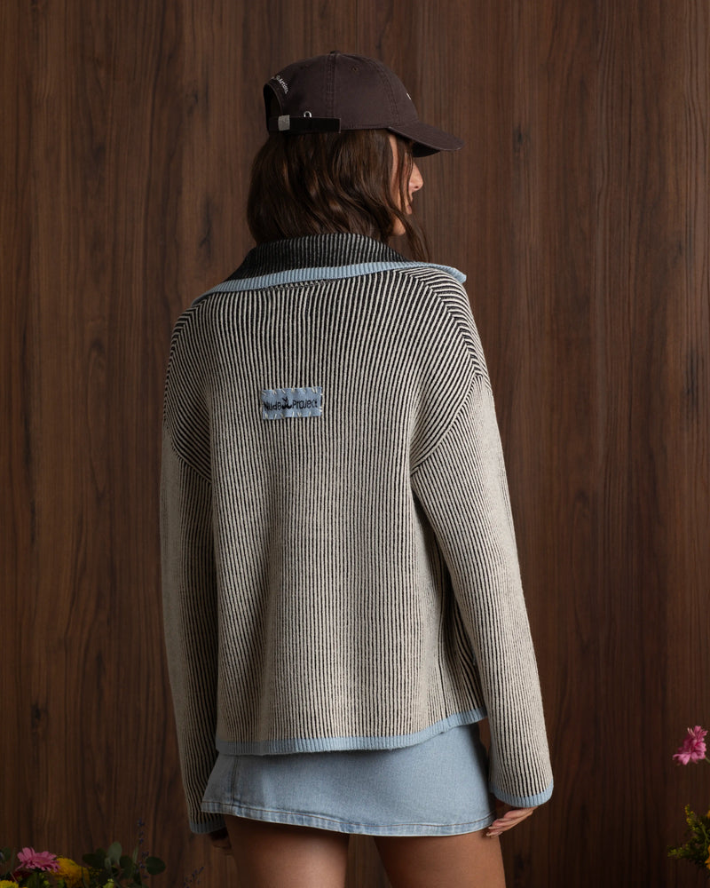 Classy Knit Zip-Up Cardigan Blue