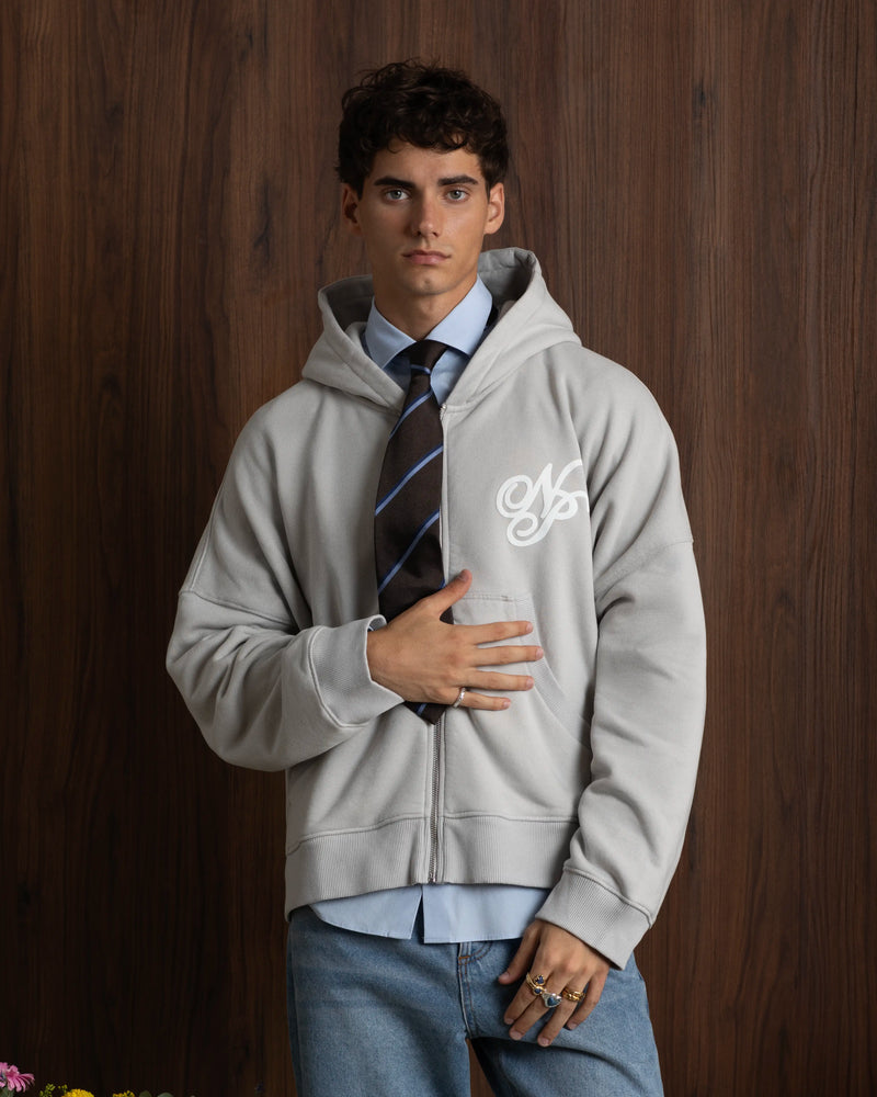 Puffy Zip-Up Boxy Hoodie Grey