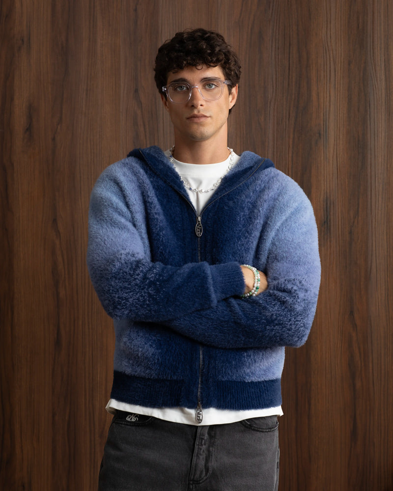 Gradient Knit Zip-Up Hoodie Blue