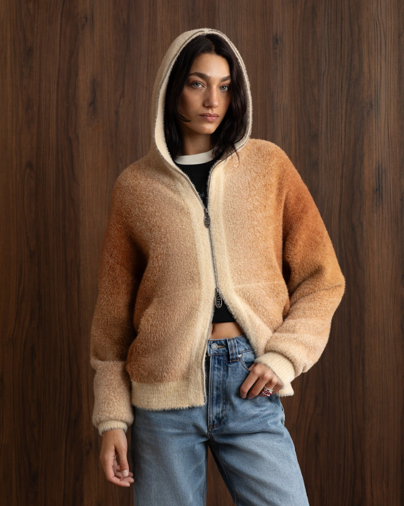 Gradient Knit Zip-Up Hoodie Brown