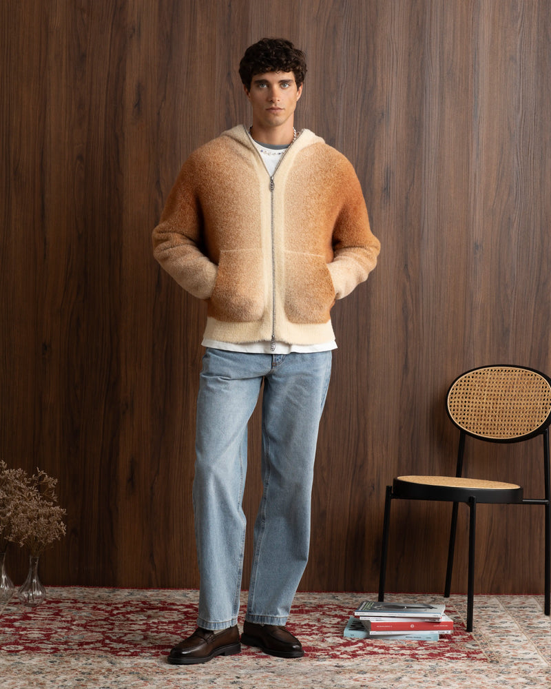Gradient Knit Zip-Up Hoodie Brown