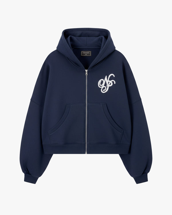 Puffy Zip-Up Boxy Hoodie Navy