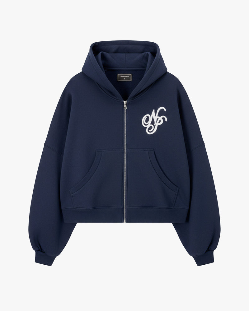 Puffy Zip-Up Boxy Hoodie Navy
